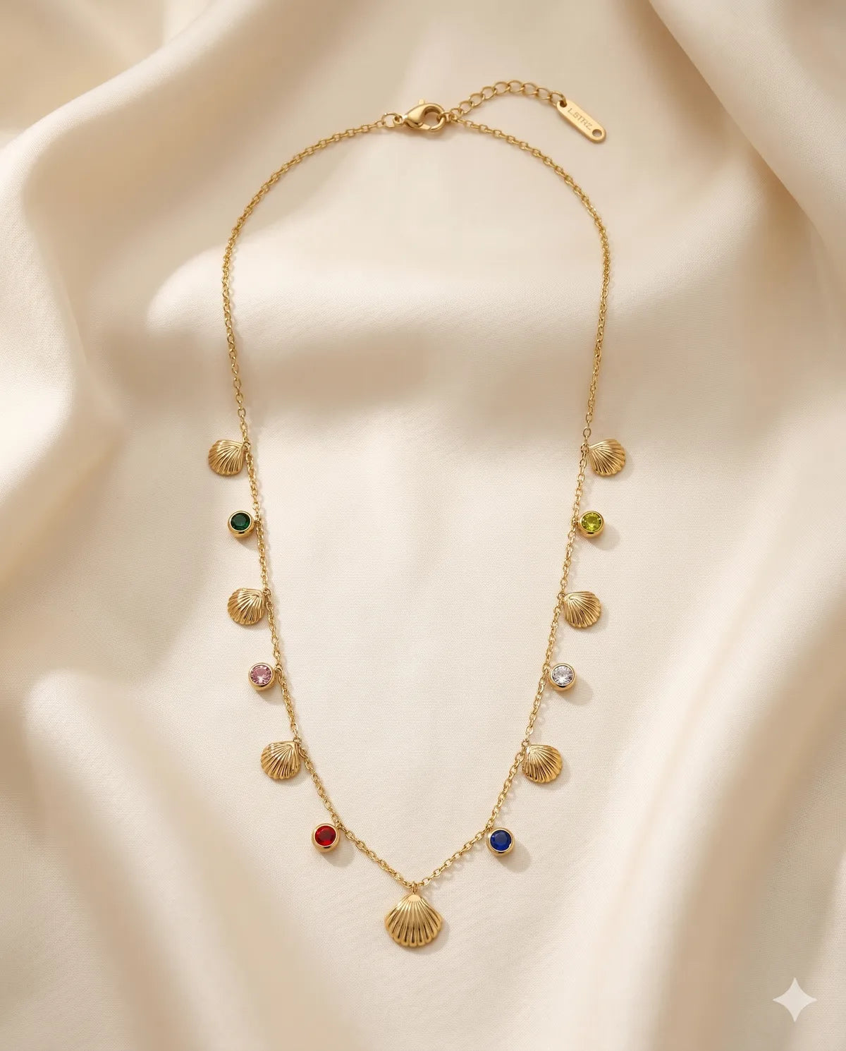 Gold Plated Shell Charm Necklace with Colorful Gemstones
