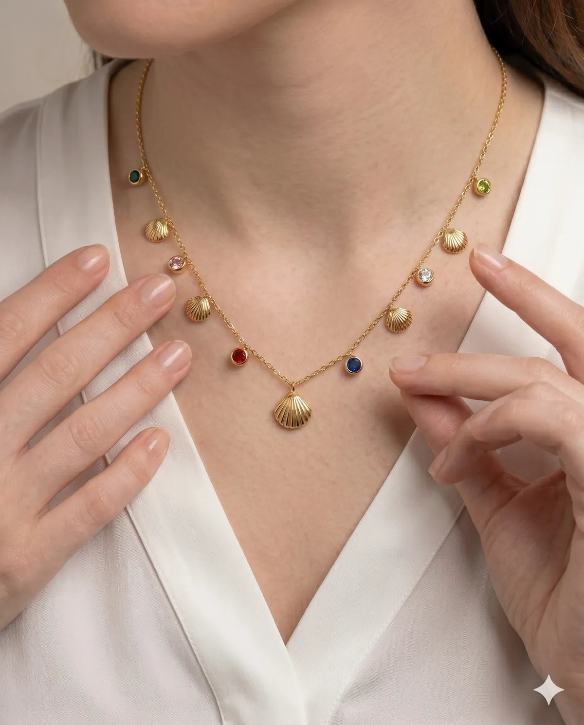Gold Plated Shell Charm Necklace with Colorful Gemstones