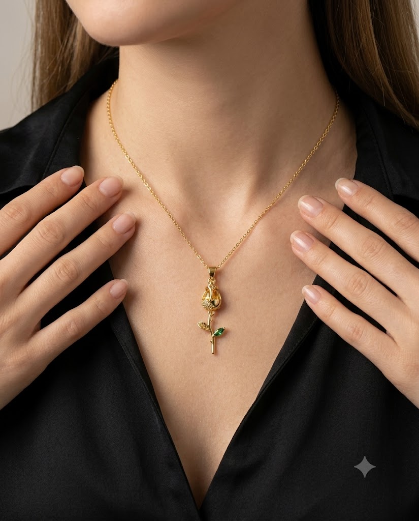 Gold Finished Yellow Stone Rose Tulip Pendant Necklace