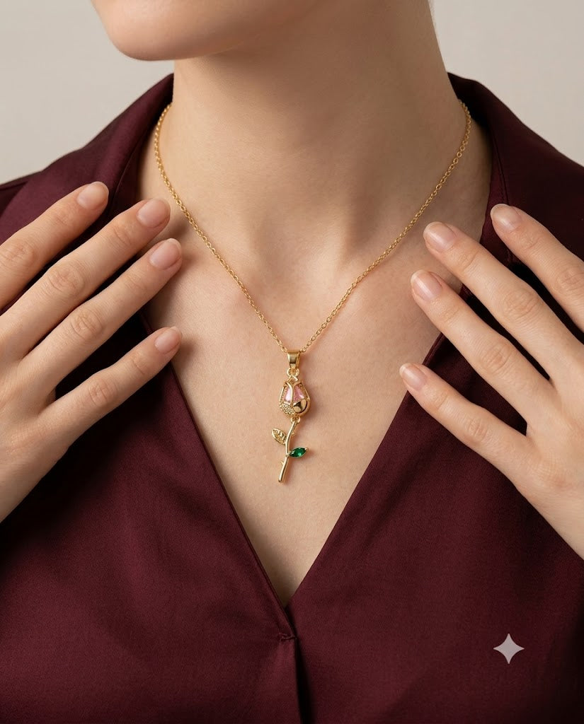 Gold Finished Pink Stone Rose Pendant Necklace Women