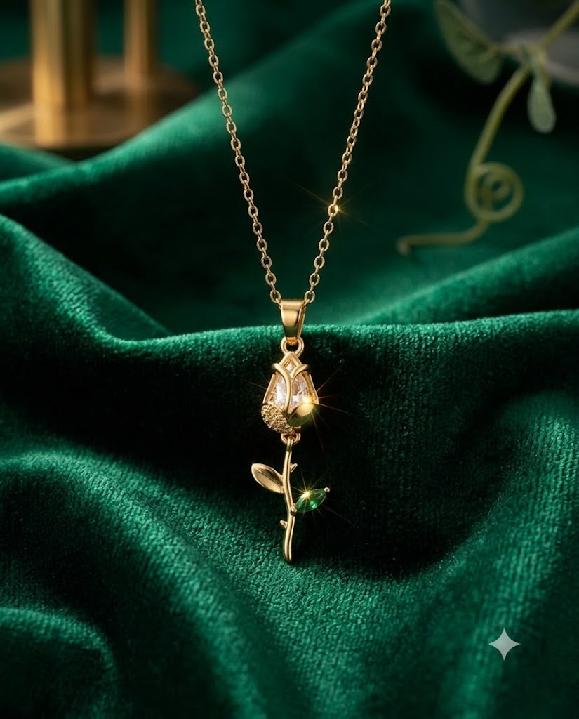 Gold Finished Clear Stone Rose Tulip Pendant Necklace