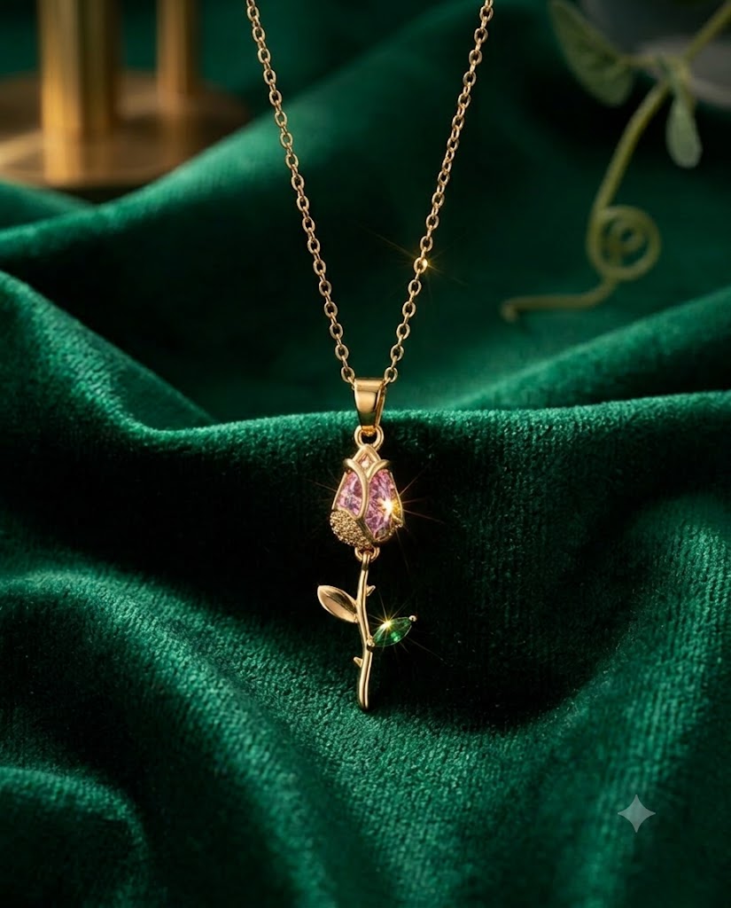 Gold Finished Pink Stone Rose Pendant Necklace Women