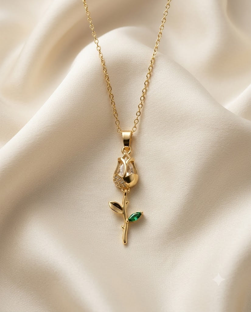 Gold Finished Clear Stone Rose Tulip Pendant Necklace