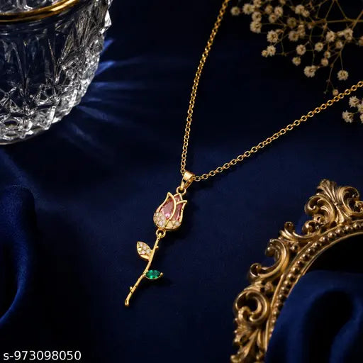 Gold Finished Pink Stone Rose Pendant Necklace Women