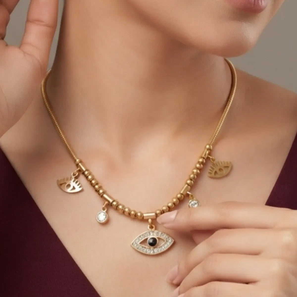 Gold Finished Evil Eye Pave Pendant Necklace Combo Set