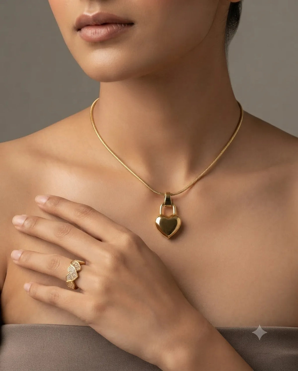 Gold Heart Locket Necklace and Pave Ring Combo Set
