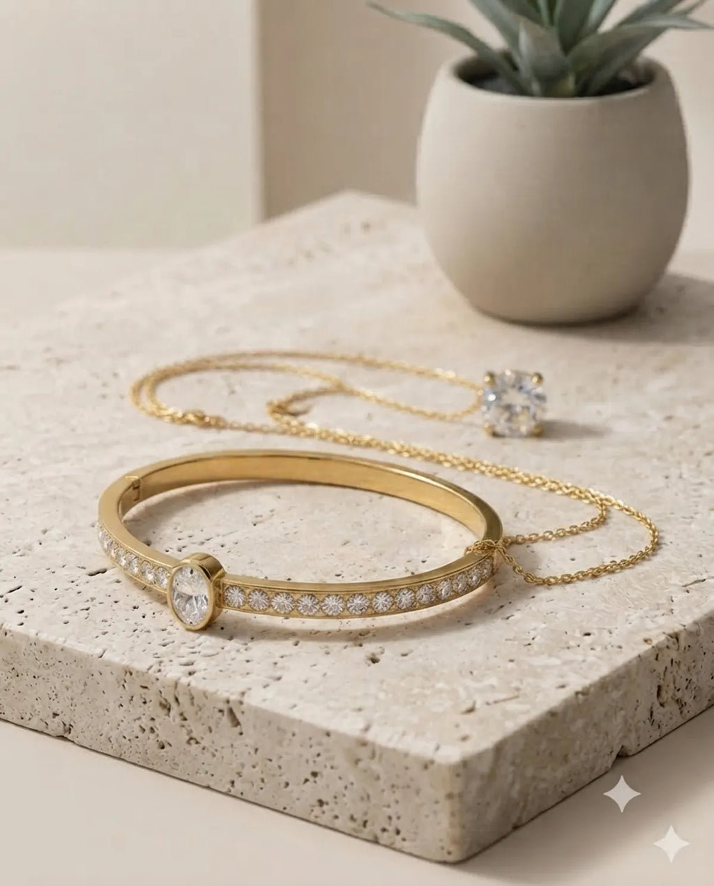 Gold Solitaire Crystal Pendant Necklace Bracelet Combo Set