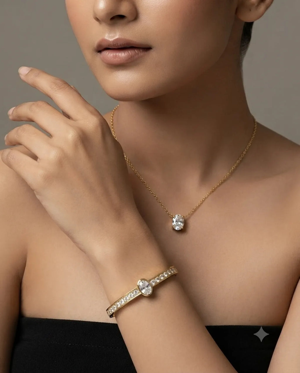 Gold Solitaire Crystal Pendant Necklace Bracelet Combo Set