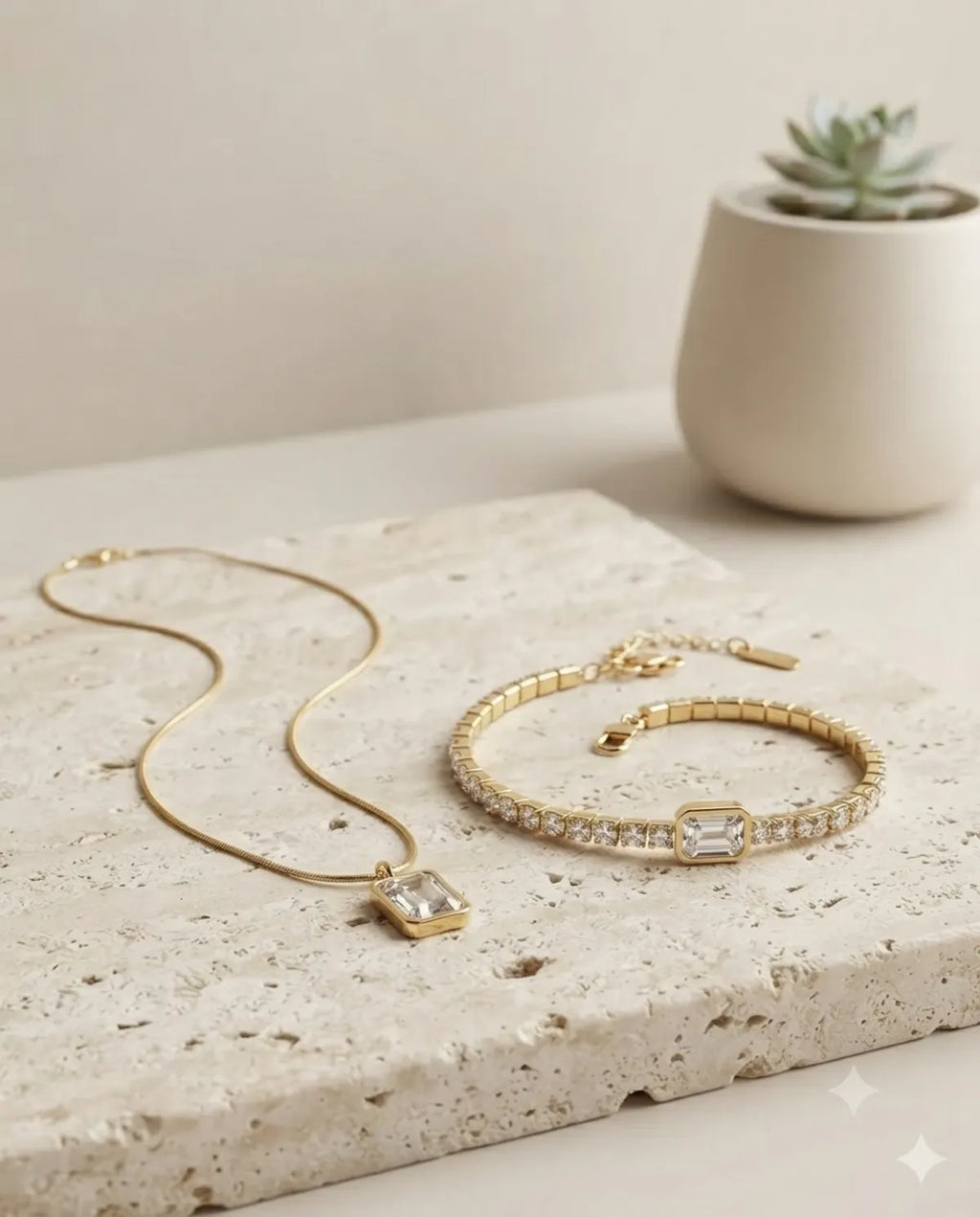 Gold Baguette Crystal Necklace and Tennis Bracelet Combo Set
