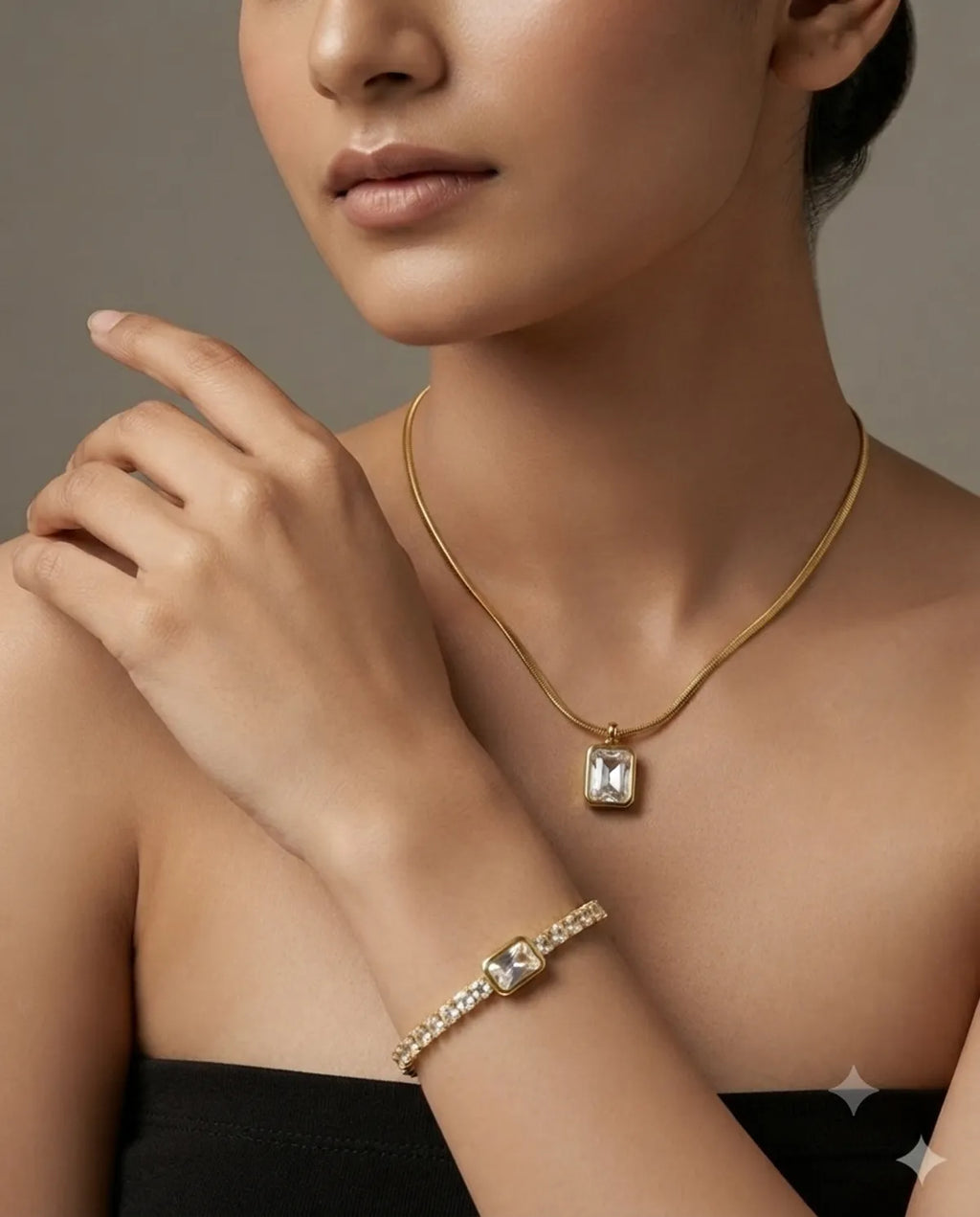 Gold Baguette Crystal Necklace and Tennis Bracelet Combo Set